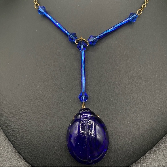 Vintage Cobalt Blue Czech Glass Scarab Pendant Necklace - Picture 14 of 15